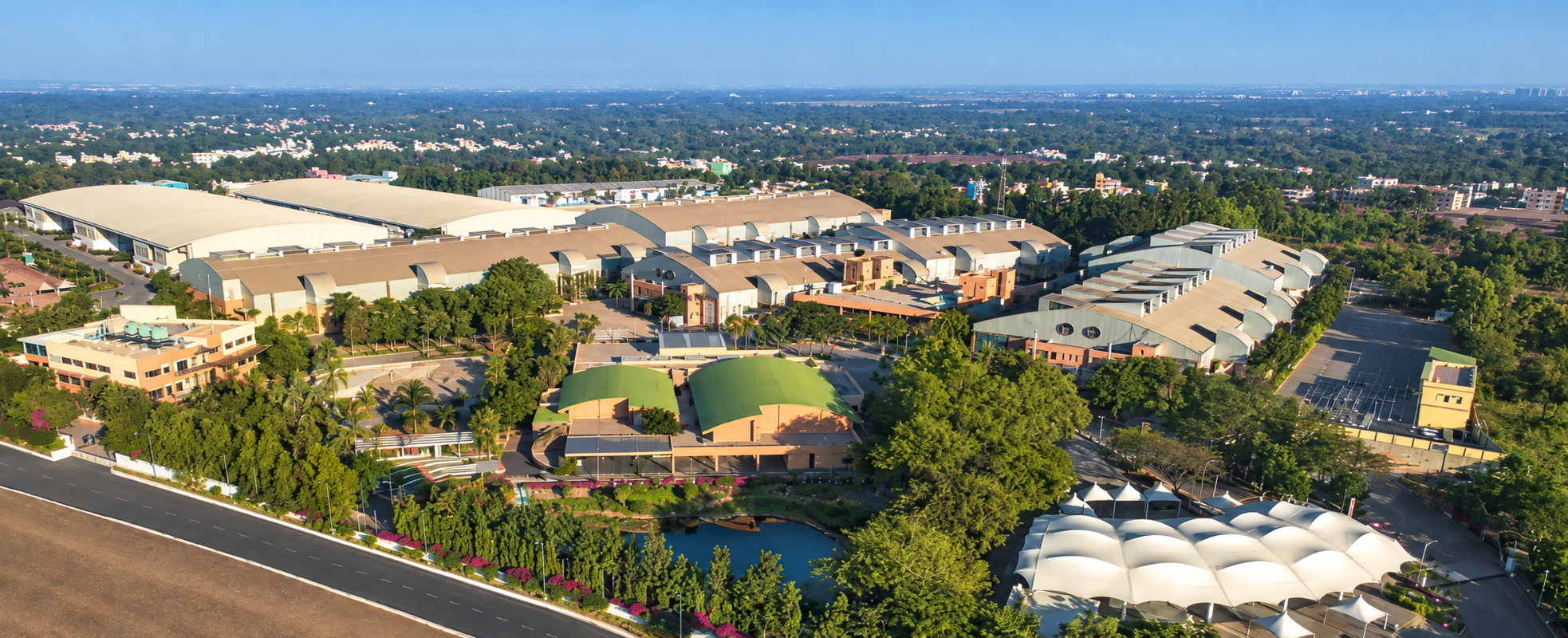 Enhanced aerial photograph of the BIEC campus, with numbered locations described below